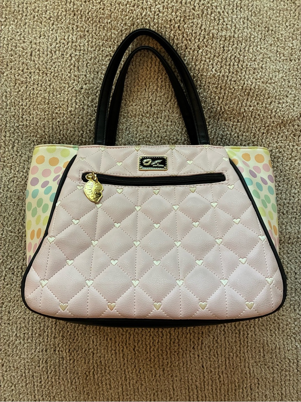 Betsey Johnson Pastel Pink Quilted Tote with Multicolor Polka Sides